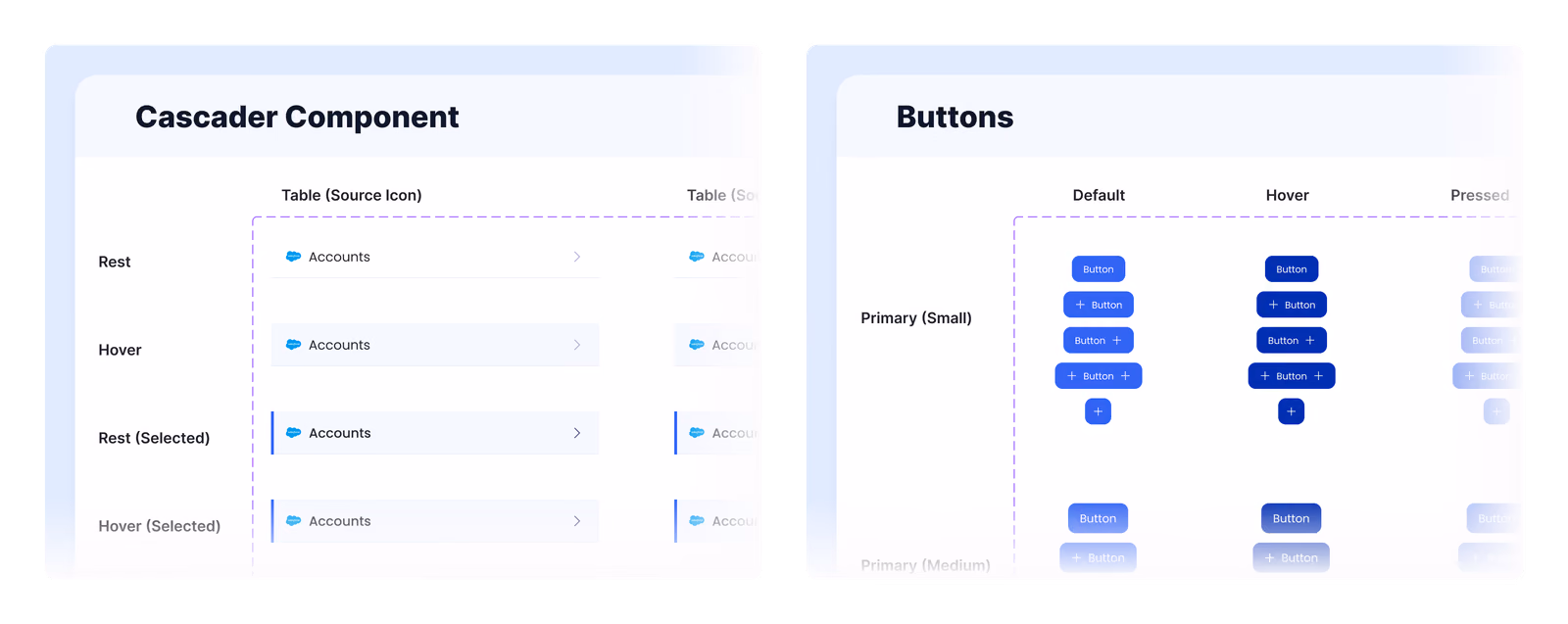 Cascader component states and a button component's small and medium sizes across default, hover, and pressed states