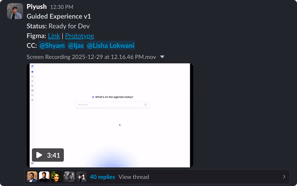 Slack post: Guided Experience v1 — Ready for Dev, Figma and prototype links, screen recording, tagged stakeholders