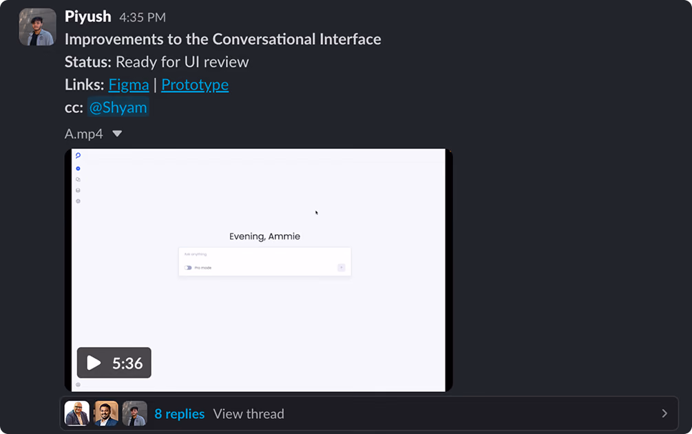 Slack post: Improvements to the Conversational Interface — Ready for UI review, same handoff pattern