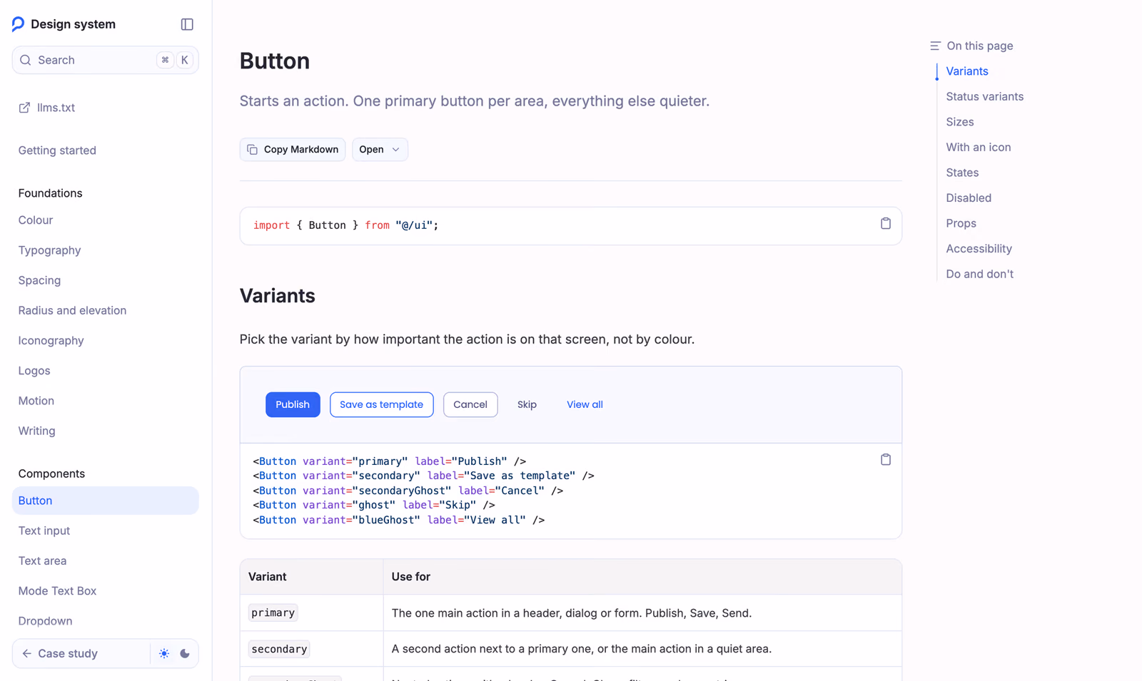 The Button page of the Petavue design system docs: the sidebar of foundations and components, live button variants, and their code