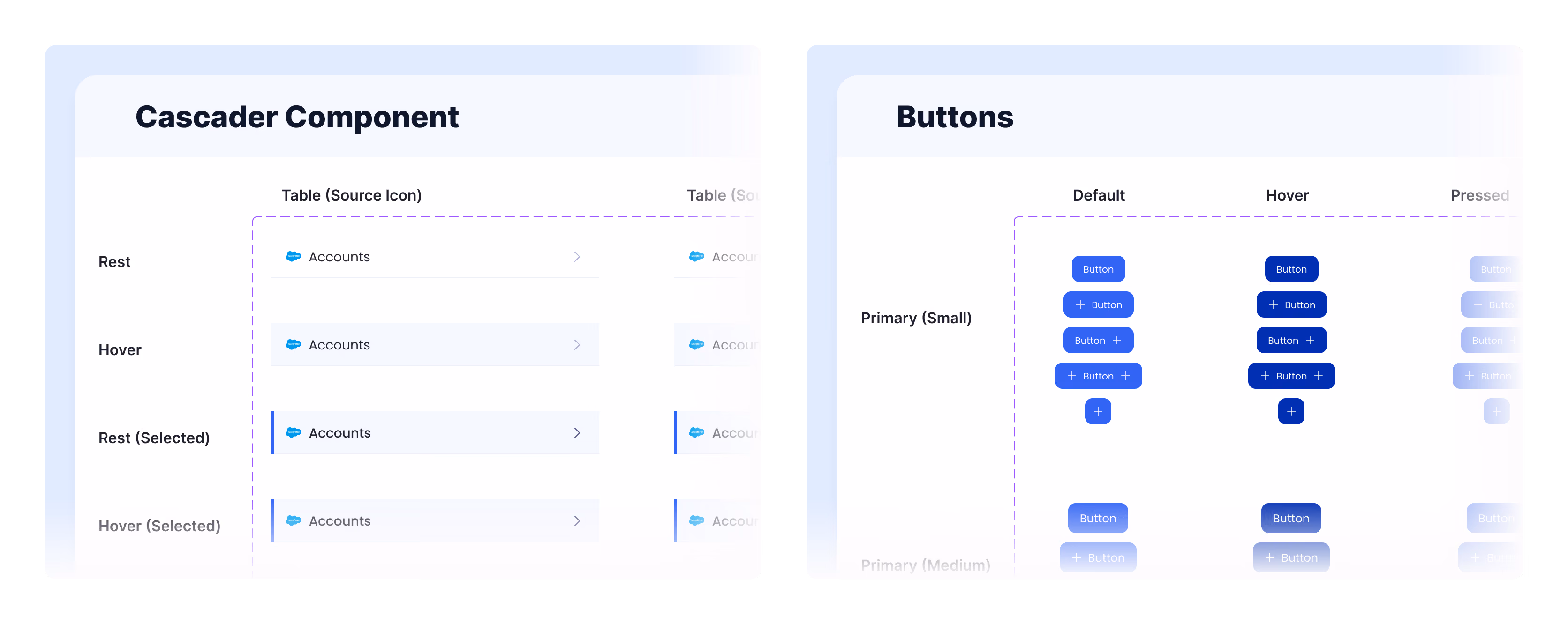 Cascader component states and a button component's small and medium sizes across default, hover, and pressed states