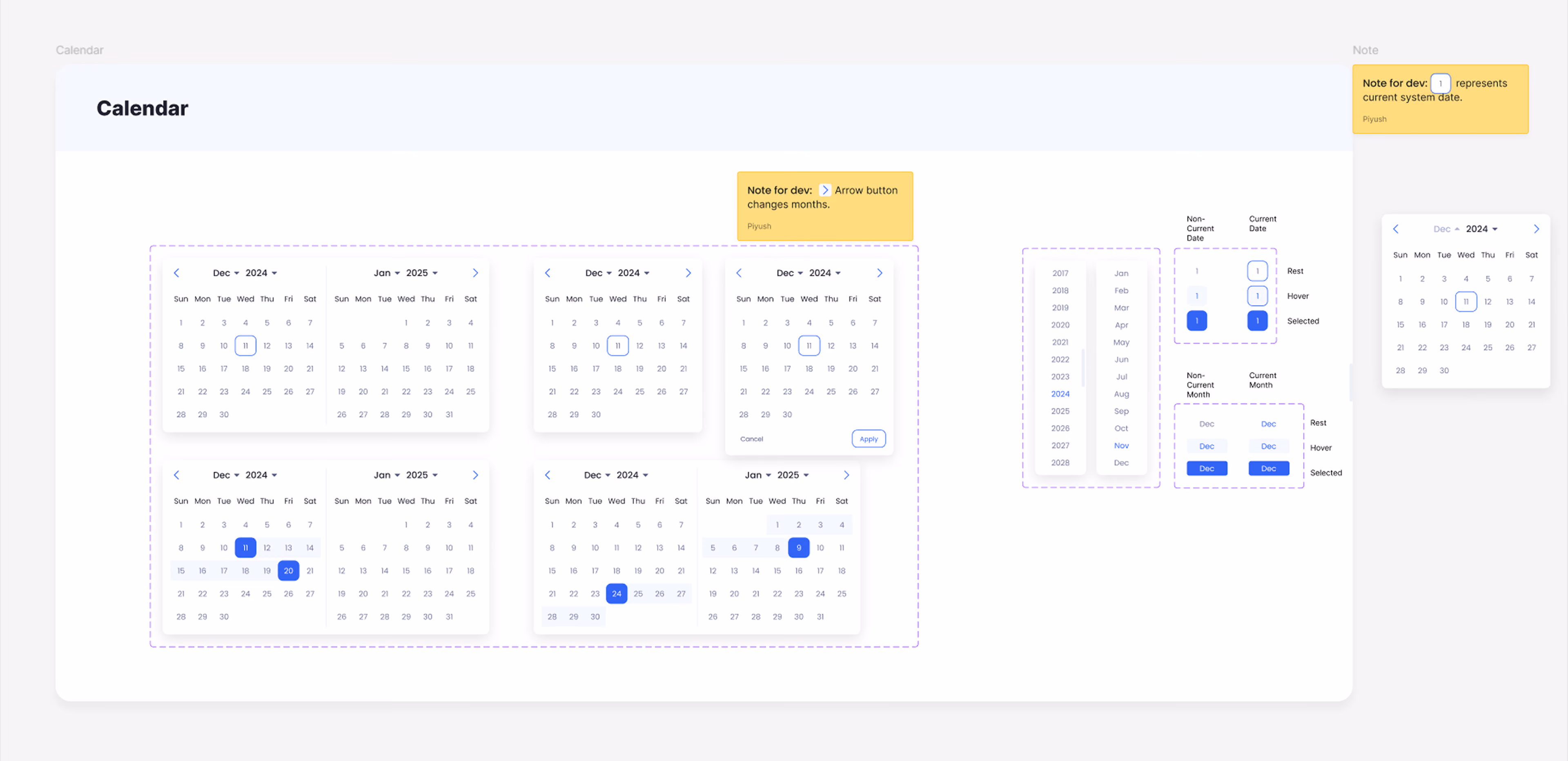 Calendar component spec: month and year pickers, single and range selection, rest, hover, and selected states, with dev notes for implementation