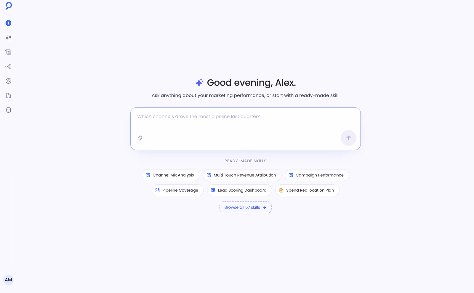 Sage's ask box, ready to answer a question about the dashboard or start from a ready-made skill