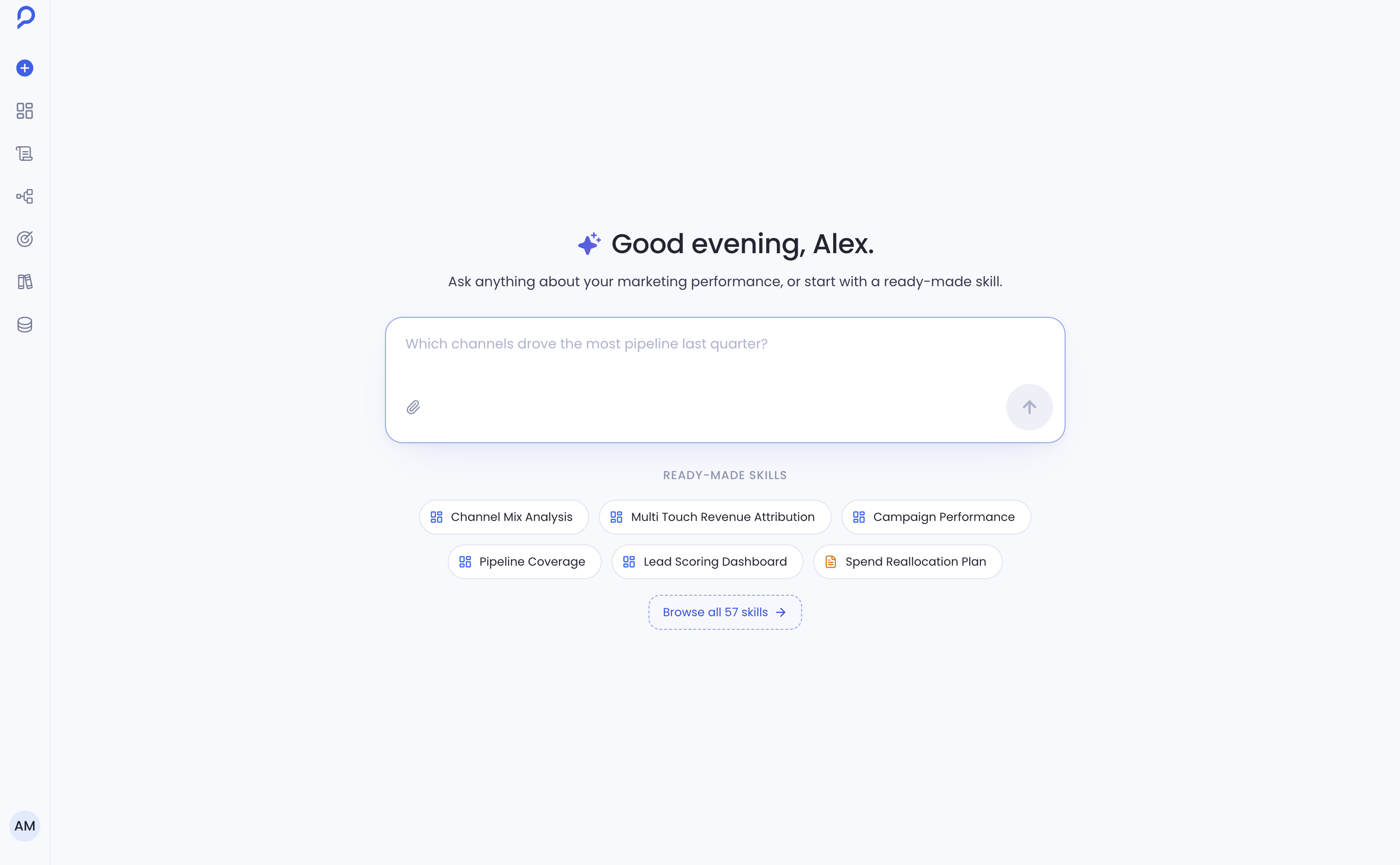 Sage's ask box, ready to answer a question about the dashboard or start from a ready-made skill