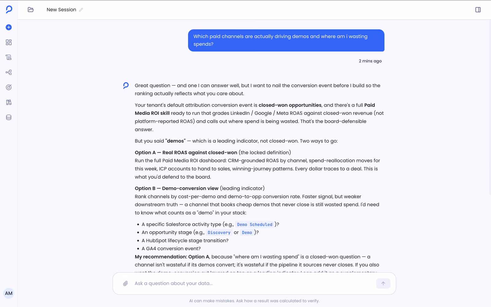 Full Sage response laying out two options with the trade-off named for each, before recommending one