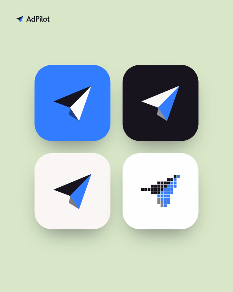 AdPilot app icons on blue, ink, paper and white, one in pixels, on a lime ground