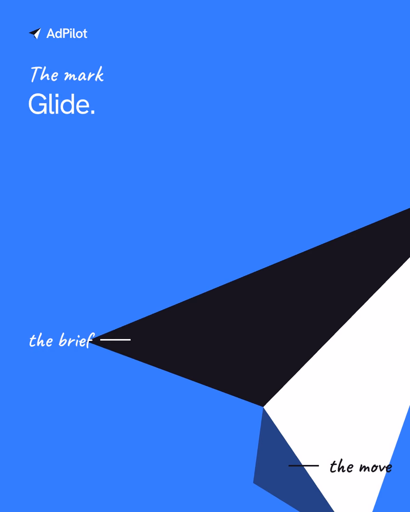 AdPilot mark, Glide: a paper plane folded from flat shapes on blue, annotated the brief and the move