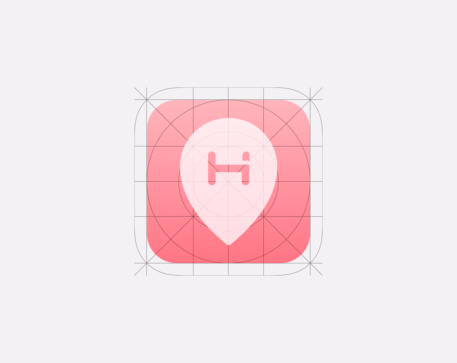 HotelArc app icon on its construction grid: a white map pin with an H on a coral tile