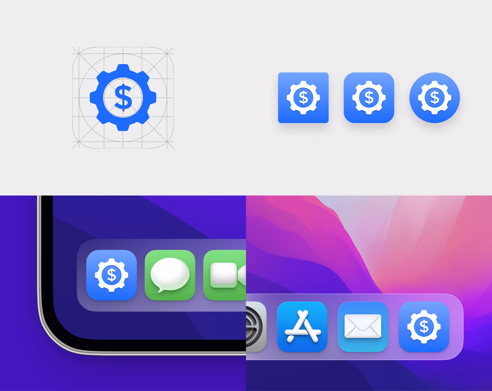 iMoney app icon: a white dollar sign in a blue gear, shown on its construction grid, in three variants and in an iPhone dock