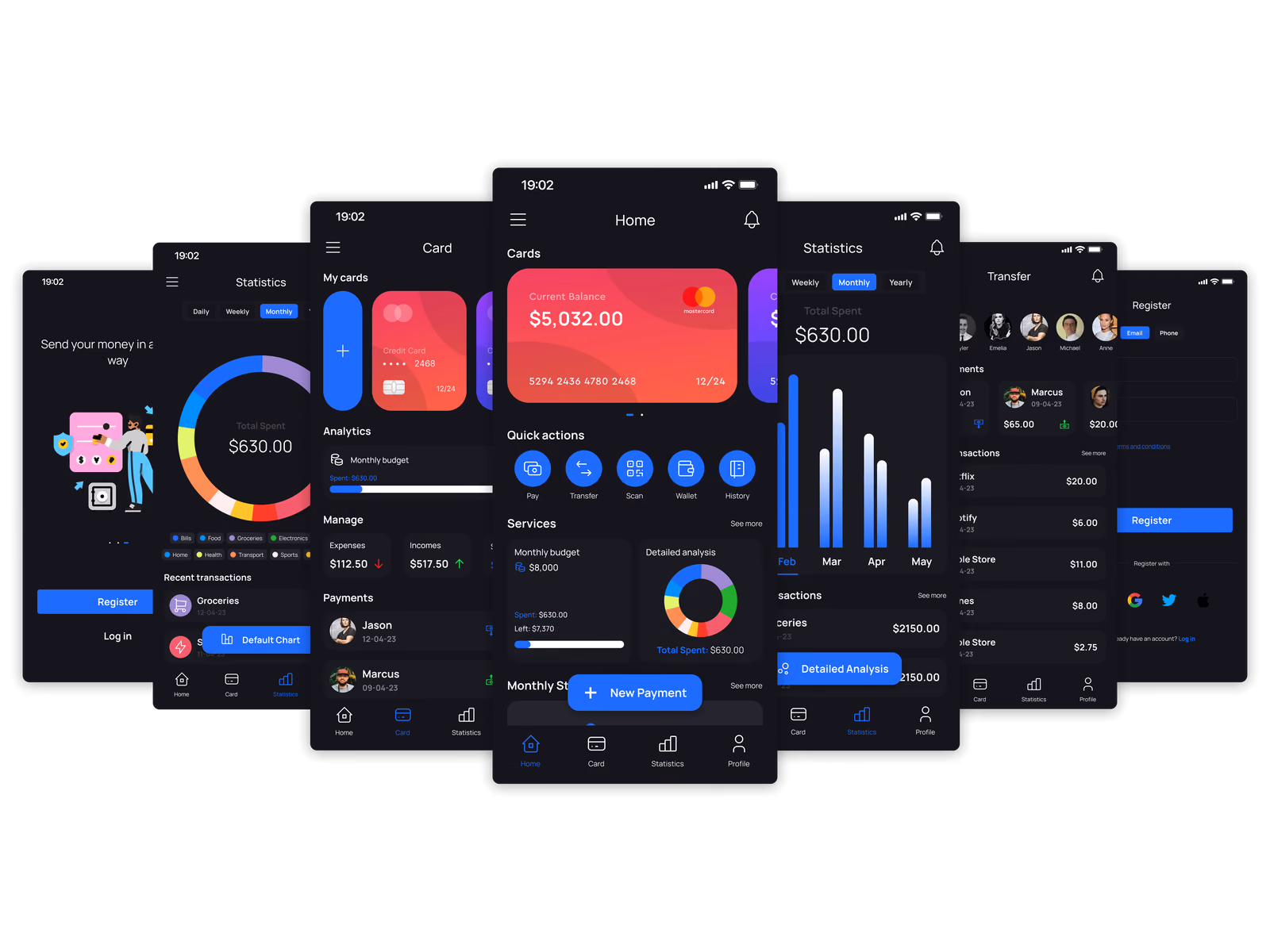 iMoney app screens fanned out in dark mode: home, cards, statistics and transfers