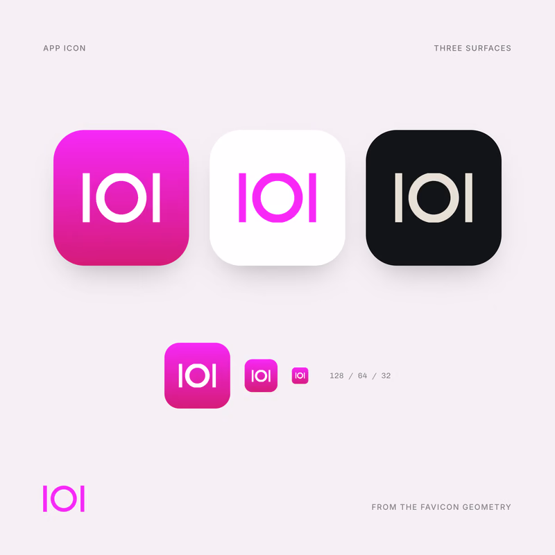 Knowl app icon, the IOI mark on magenta, white and black tiles with its size ramp